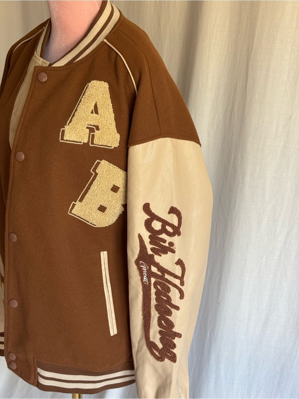 Aelfric Eden Towel Embroidery Varsity Jacket Brown Cream Oversized L - Picture 4 of 15